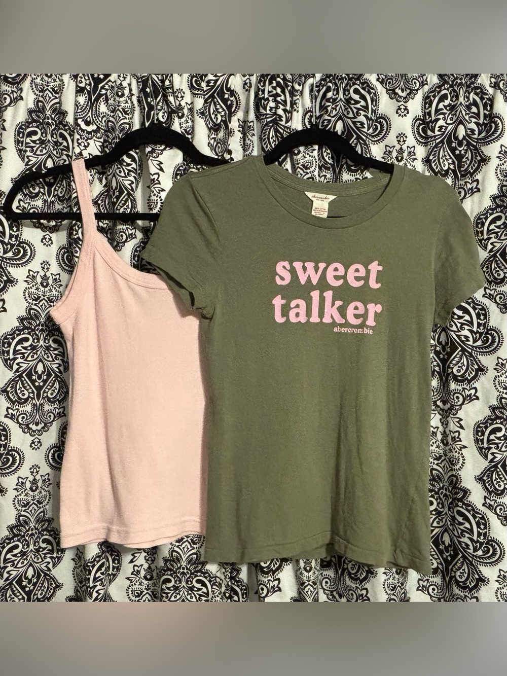 VINTAGE Y2K Abercrombie & Fitch Olive Green Tee with Pink 'Sweet Talker' Graphic